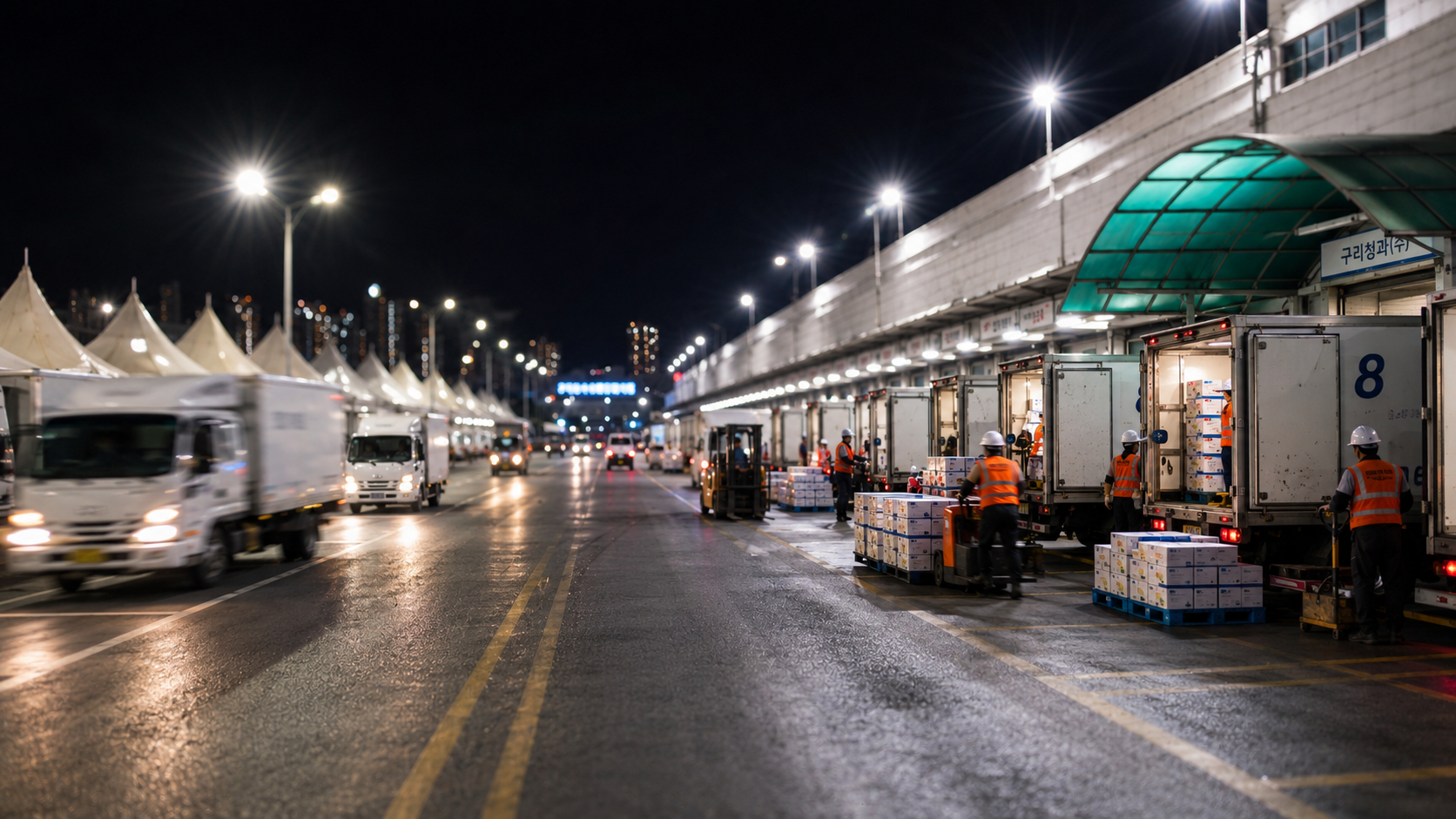 Night logistics trucks arriving with produce